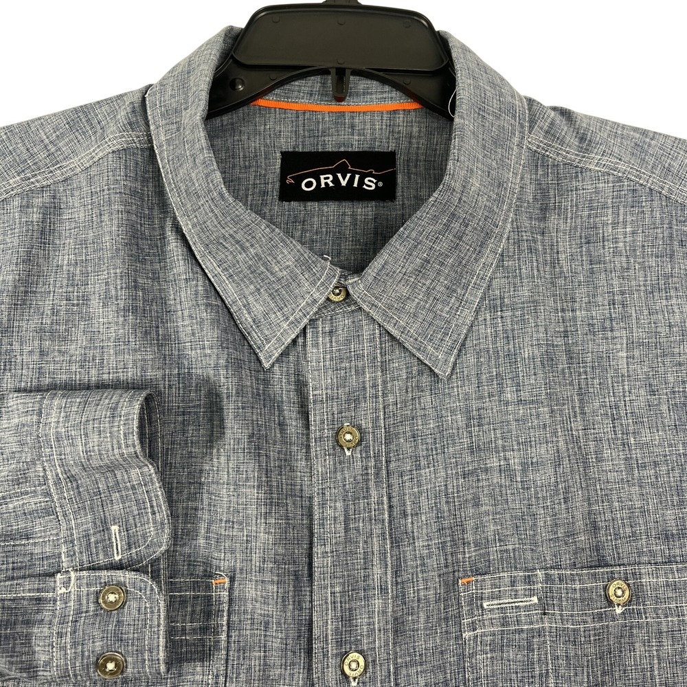 Orvis Shirt Mens Denim‎ 2XL Blue Woven Polyester Long Sleeve Fishing Outdoor